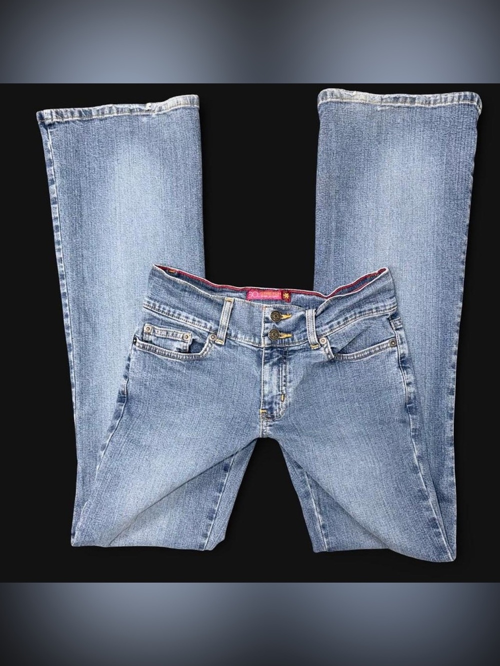 Y2K 2000s Low rise flare jeans with double button Size 5 tall girl friendly